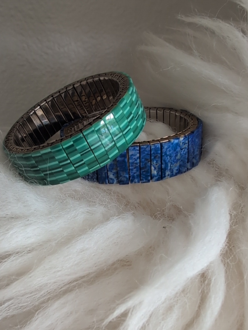 Malachite and Lapis Lazuli Gemstone Stretch Tile Bracelet Set - Women Jewelry